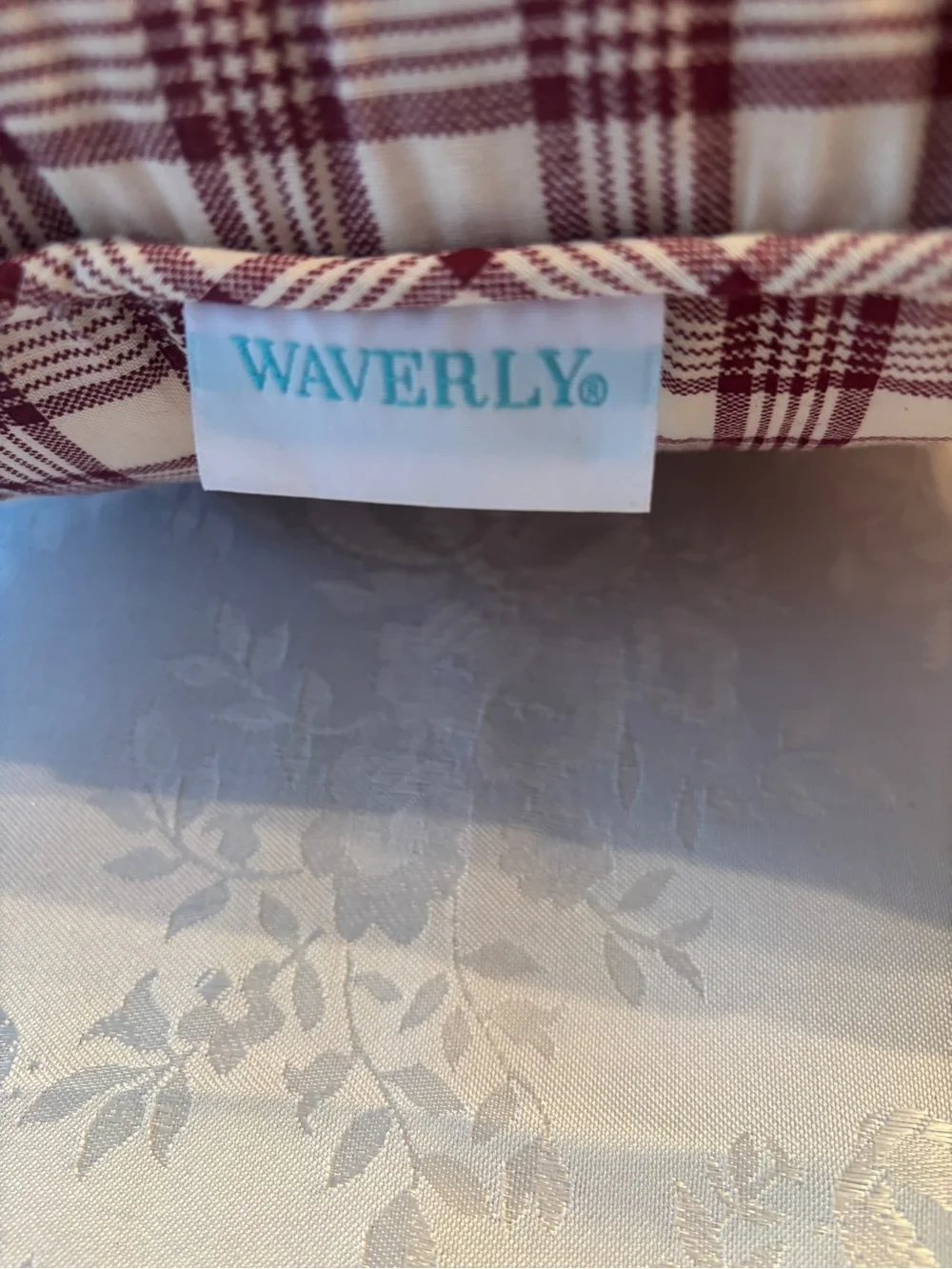 Waverly Lumbar Rectangle Pillow Burgandy Cream Plaid 22” x 11” With Buttons